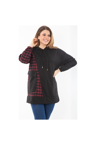 Kadın Büyük Beden Siyah Ekose Garnili Kapşonlu Sweatshirt 65n37289-siyah Siyah