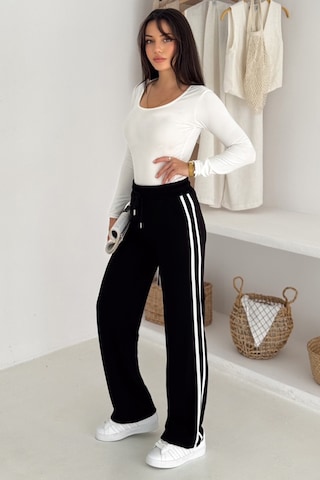 Kadın Çizgili Bağcıklı Bol Paça Eşofman Altı & Pantolon Sportif & Günlük Konfor Siyah