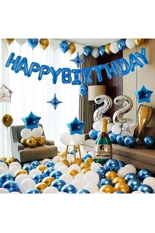 Mavi Happy Bırthday Folyo Balon Doğum Günü Partisi Mavi Renk Foly Karışık/Çok Renkli