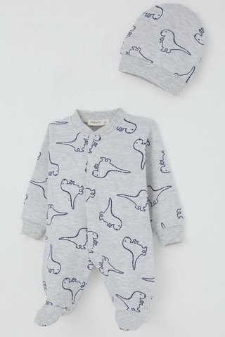 Breeze Erkek Bebek Patikli Tulum Sevimli Dinozor Desenli 0-6 Ay, Açık Gri Melanj Açık Gri Melanj