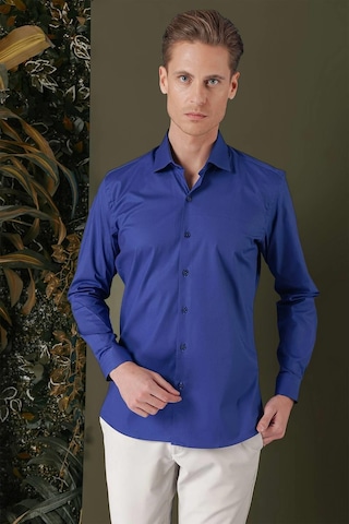 Gk 709 Slim Fit Gece Mavisi Klasik Gömlek Mavi