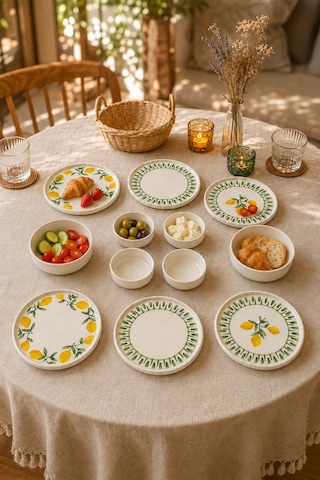 Yeşil Limon 12 Parça 6 Kişilik Handmade Stackable Seramik Tabak Seti Premium Sunum & Kahvaltı Takımı Beyaz