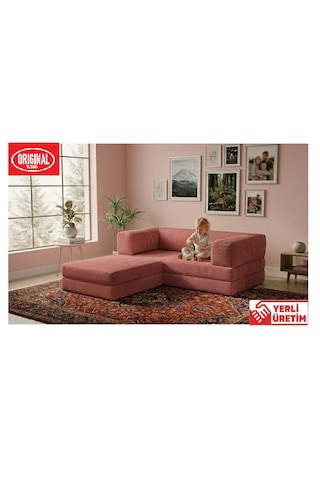 Herev 180x180 Cm 50 Dns Modüler Köşe Koltuk Fitilli Kadife Kumaş, Yatak Olabilen, Modern Tasarım Şark Köşe Pembe