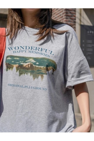 Kadin Gri Oversize Wonderful Baskılı T-shirt Gri-67865