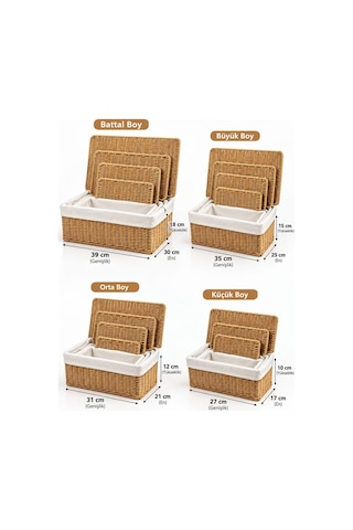 Morponi 4'lü Kapaklı Hasır Kumaş Astarlı Rattan Organizer Sepet Trn603 Sarı