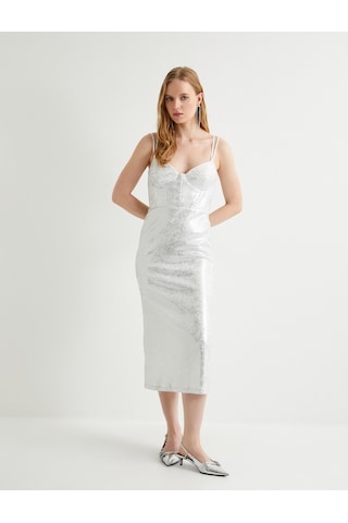 Koton Midi Askılı Abiye Elbise Bridal Kalp Yaka Metalik Varak Baskılı Kırık Beyaz 4sak80134fk Ekru