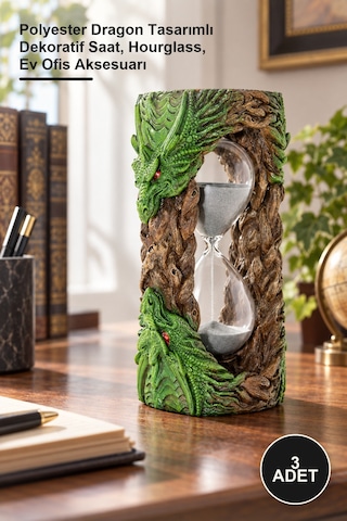 3 Adet Kum Saati Polyester Dragon Tasarımlı Dekoratif Saat, Hourglass, Ev Ofis Aksesuarı Sarı