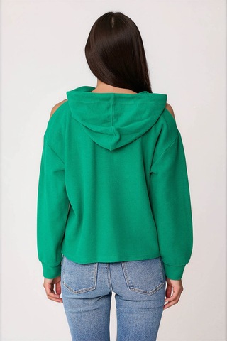 Vitrin Omuz Dekolteli Kanguru Cep Kapüşonlu Sweatshirt Yeşil