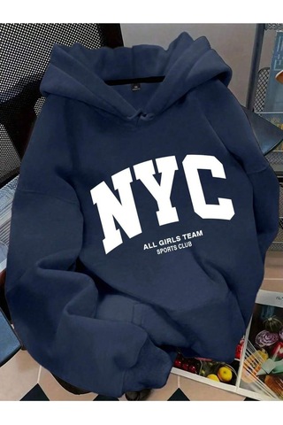 Josette Nyc Baskılı Kapüşonlu Oversize Sweatshirt Lacivert-sw