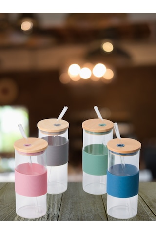 Bambu Kapaklı Cam Pipetli Kupa 400 Ml 1 Adet Yeşil