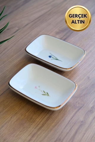 Tabak Evi Porselen Natura Karma Altın Yaldızlı Dikdörtgen Kayık Tabak 12x8,50cm 2 Parça Çok Renkli
