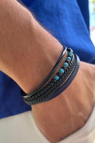 Taşlı Örgülü El İşçiliği İle Üretilmiş Hakiki Deri Erkek Bileklik Mavi - Siyah
