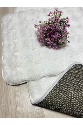 Bubble Tavşan Tüyü, Kaymaz Taban, Pofuduk, Ultra Lüks, Yıkanabilir 2'li Banyo Paspası Beyaz Çok Renkli