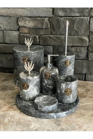 Uludağ Siyahı Zeytin Dalı Gümüş Aksesuarlı 7'li Banyo Seti Beyaz