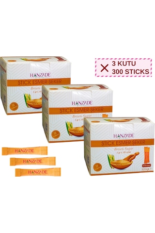 Hanzade Bitkisel Stick Esmer Şeker 100 Sticks 300 G x 3 Adet