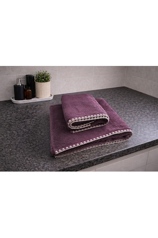 Krem İstiridye Dikişli %100 Pamuk Yumuşak Dokulu Yüksek Su Emici 2'li Banyo Havlu Seti 50x90-70x130 Mor