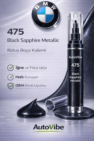 Bmw Rötuş Boyası Ve Rötuş Çeliği Seti Kalemi 475 Black Sapphire Metallic - Siyah Safir Metalik 2si1arada Çizik Giderici
