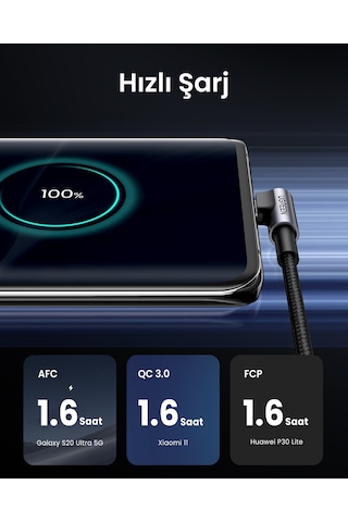 Ugreen Usb-c To Usb-a 3a Qc 90 Derece Hızlı Şarj Kablosu, 1 Metre, Uzay Girişi, 50941