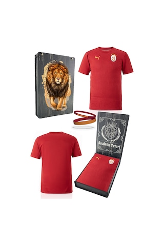 Galatasaray Lisanslı Sıfır Yaka Kırmızı A Takım Antrenman T-shirt + Bileklik Set Hediyelik Ahşap Kutulu Kırmızı - Beyaz