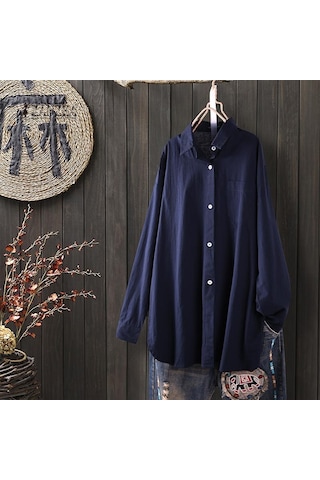 Lacivert Zanzea Vintage Kadın Yaka Boyun Düğmesi Ön Tunik Gömlek Gevşek Rahat Uzun Kollu Düzensiz Bluz Üstleri 3xl Lacivert