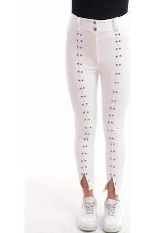 Munn Collection Beyaz Taş İşlemeli Deri Tayt Beyaz