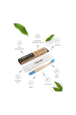 Tbrush Mavi Doğal Bambu Vegan Çocuk Diş Fırçası - Soft (yumuşak) + Paslanmaz Çelik Dil Temizleyici