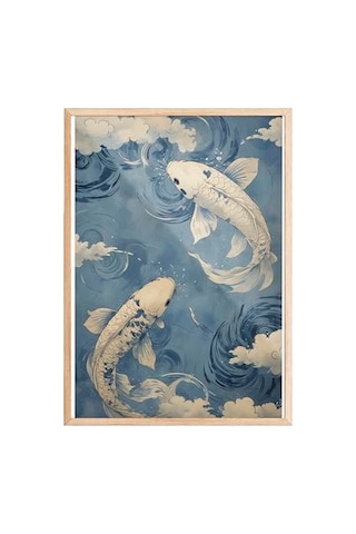 Mavi Tonlarda Koi Balıkları Ve Japon Dalgaları Temalı Ahşap Çerçeveli Tablo, 30 X 40 Cm