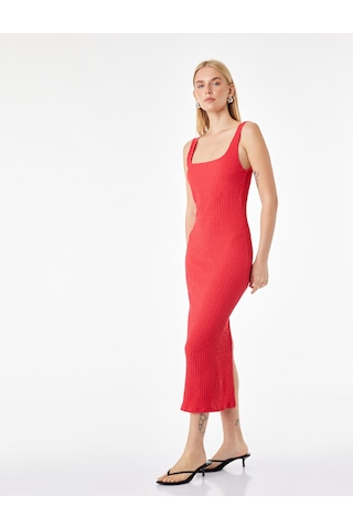Koton Koton X Sibil Çetinkaya - Kare Yaka Kalın Askılı Bodycon Uzun Kalem Elbise Kırmızı 6sak80080uk