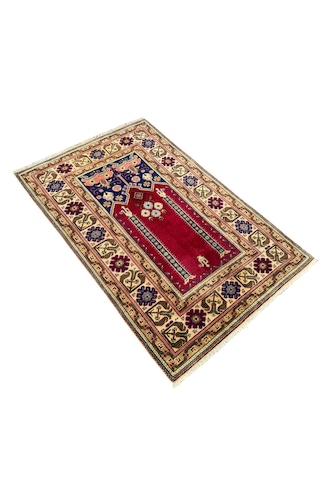 El Dokuma Vintage Eskitme Bünyan Halısı Seccade 86x130 Kırmızı Krem Kırmızı