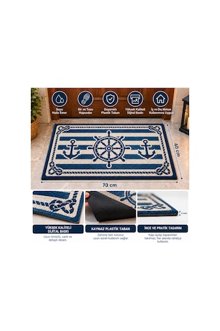 Marin Desenli Kapı Önü Paspası 40x70 Cm Kaymaz Plastik Tabanlı, Dijital Baskılı, Denizci Temalı Dekoratif Paspas Mavi - 939372681 Mavi