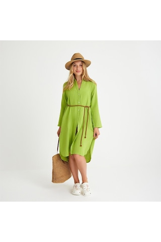 Pamuklu Dokuma Müslin Hakim Yaka Kemer Detaylı Plaj Gömlek Elbise - Small Yeşil