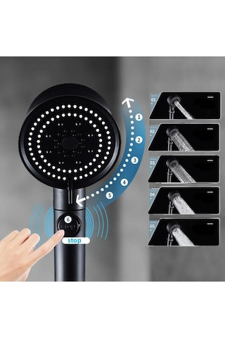 Kustar 5 Fonksiyonlu Turbo Jet Pervaneli Duş Başlığı Aç-kapa Butonlu Siyah