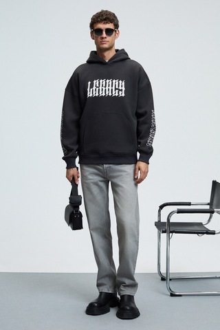 Grimelange ARMAND Erkek Kapüşonlu Kanguru Cepli Önü Baskılı Oversize Antrasit Sweatshirt