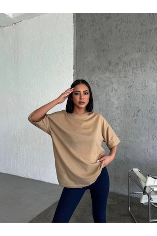 Vinevesta Kadın Düz T-shirt Kısa Kol Bisiklet Yaka Oversize Rahat Kalıp Günlük Tişört - Bej Çok Renkli