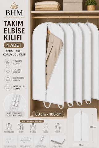 4'lü Takım Elbise Kılıfı 60x100 Cm Çift Fermuarlı Gamboç Elbise Kılıfı Kıyafet Koruyucu Toz Geçirmez Dolap Düzenleyici Beyaz