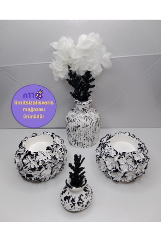 Siyah Beyaz Dekoratif Biblo Mumluk Vazo Takımı Çiçekler Dahildir Siyah Beyaz