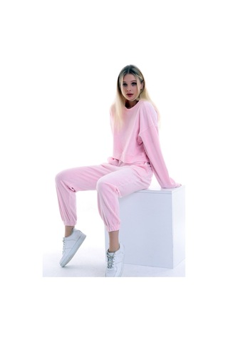 Dreamlike Kadife Yuvarlak Yaka Uzun Kollu Sweatshirt Cepli Bel Lastikli Pantolon Takım Pembe