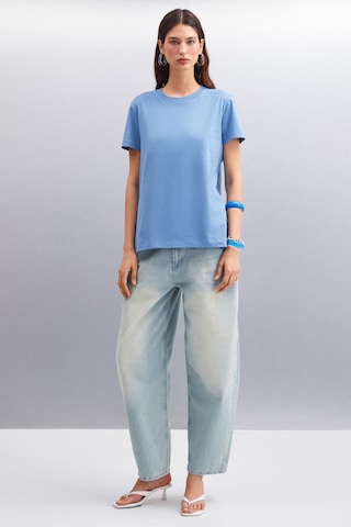 Grımelange Samantha Kadın %100 Organik Pamuklu Comfort Fit Arkası Uzun Basic Örme Indigo T-shirt Indigo