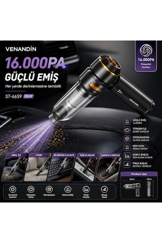Venandın St-6659 Plus 16.000 Pa Şarjlı Oto El Süpürgesi - Kablosuz Çok Başlıklı Çantalı Araç Süpürgesi 0 - 1 Saat
