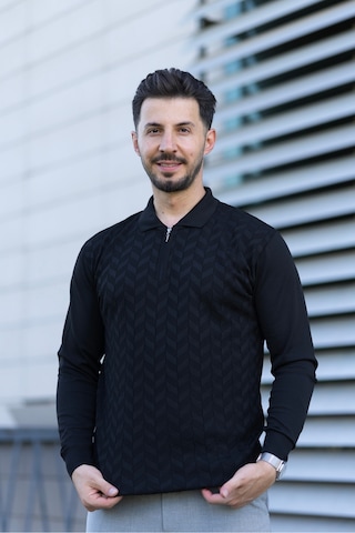 Hk Premium Erkek Triko Kazak Zikzak Desenli Polo Yaka Fermuarlı Slim Fit Siyah