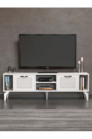 Tv Sehpası 160 Cm Modern Çok Amaçlı Dolaplı Raflı Televizyon Ünitesi Linya Gümüş Beyaz