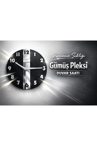 Aevum Model Dekoratif Duvar Saati Ahşap Siyah Mdf Üzeri Gümüş Pleksi Mobilya Renk Desenli Hediyelik Sessiz Duvar Saati 45 Cm Siyah Gümüş