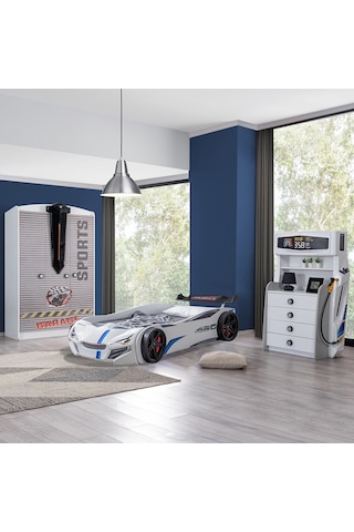 Setaymobilya Sports Çocuk Odası - Merso Arabalı Yatak Dolap Şifonyer - Beyaz