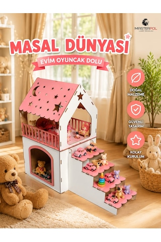 Ahşap Oyuncak Ev Çocuk Oyun Evi Bebek Evi Kız Çocuk Oyun Alanı 2 Kat Doğal Ev