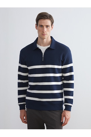 Lcw Vision Lacivert Polo Yaka Uzun Kollu Çizgili Erkek Sweatshirt