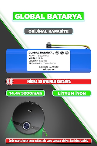 Midea S8 Uyumlu Robot Süpürge Bataryası 14.4v 5200mah Li-ion Pil Kapasite