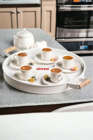 Qerhome 37cm Ahşap Kulplu Beyaz Metal Tepsi Yuvarlak Tepsi Çay Sunum Tepsisi Beyaz