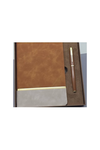 Kutulu Altın Şeritli Deri Defter Ve Kahverengi Metal Roller Kalem Set Evimdeyokyok