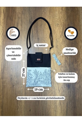 Aksesuarsepeti El Yapımı, Fransız Köylüsü Desenli, Cepli, Taşıma Askılı, Kılıf Çanta, Tablet Kılıfı, Kitap Kılıfı Siyah