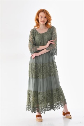 Eren Style İtalyan Sunshine İpek Detaylı Dantelli Elbise-9033 Haki